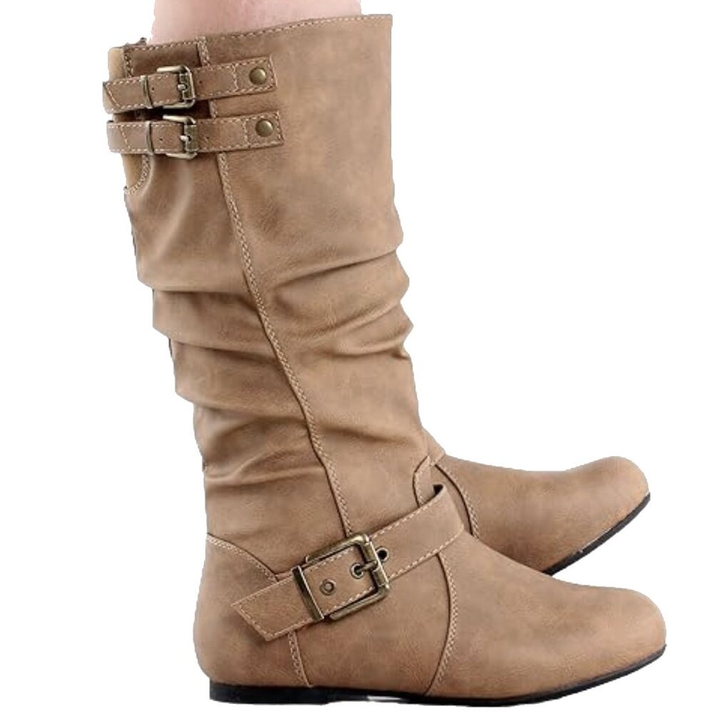 Top Moda Taupe Slouch Mid-Calf Boots – Round Toe Buckle Detail Flat Heel Casual